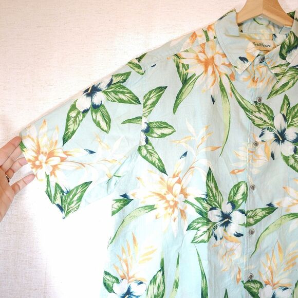 Caribbean Mens Hawaiian Floral Shirt Light Blue Hibiscus Linen Blend Tall XLT - Picture 10 of 11